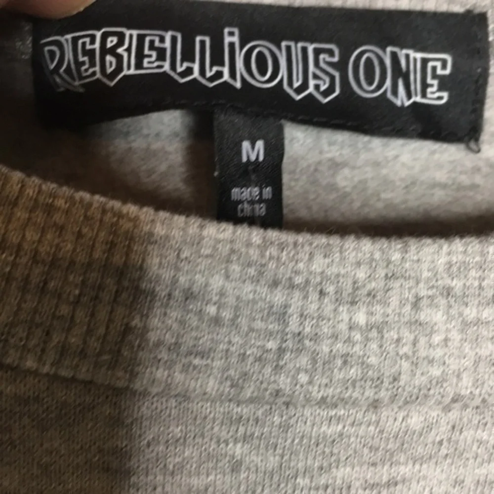 REBELLIOUS ONE grey fleece graphic pullover shirt